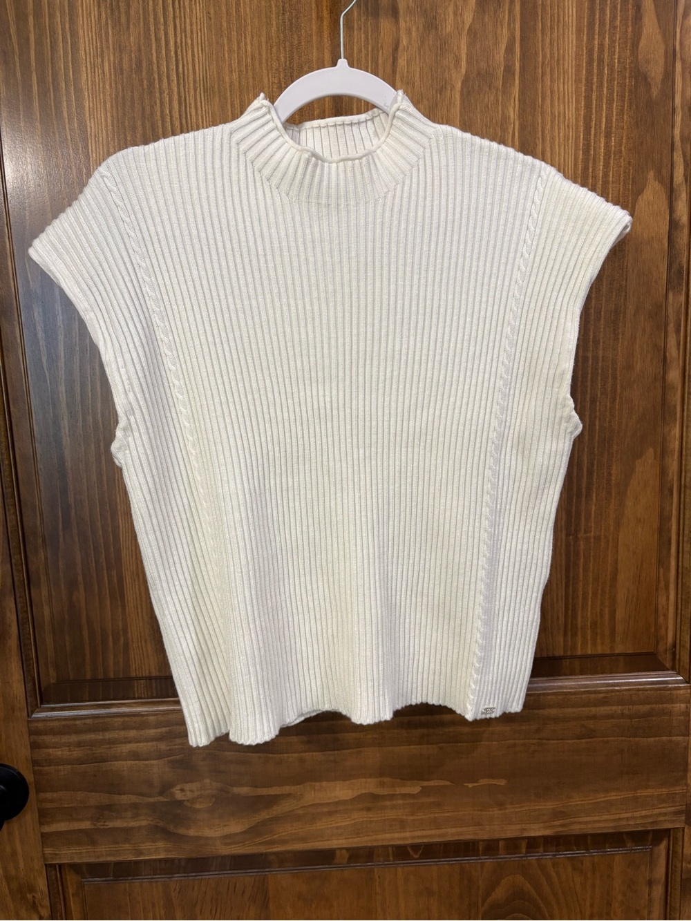 Calvin Klein Cream Ribbed Sleeveless Mock Neck Top